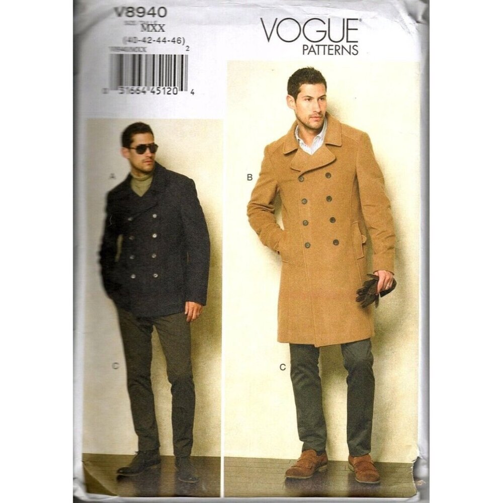 Vogue V8940 Mens 40 to 46 Double Breasted Coat and Pants Uncut Sewing Pattern